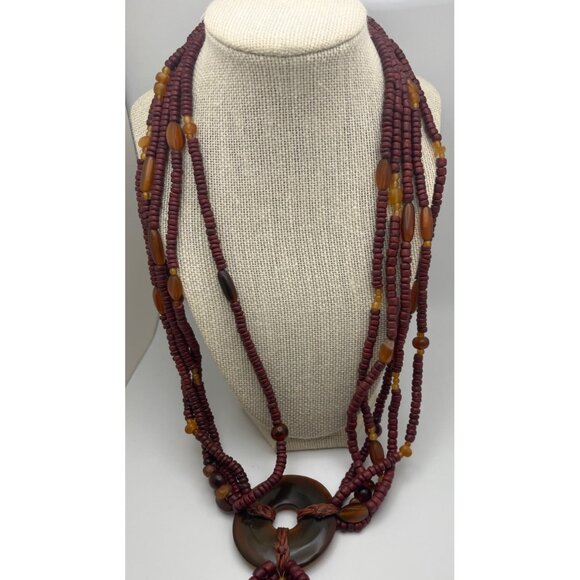 Handmade Beaded Necklace Multi-Strand Tassel Pendant Wood Tribal Boho Nature - Picture 6 of 8